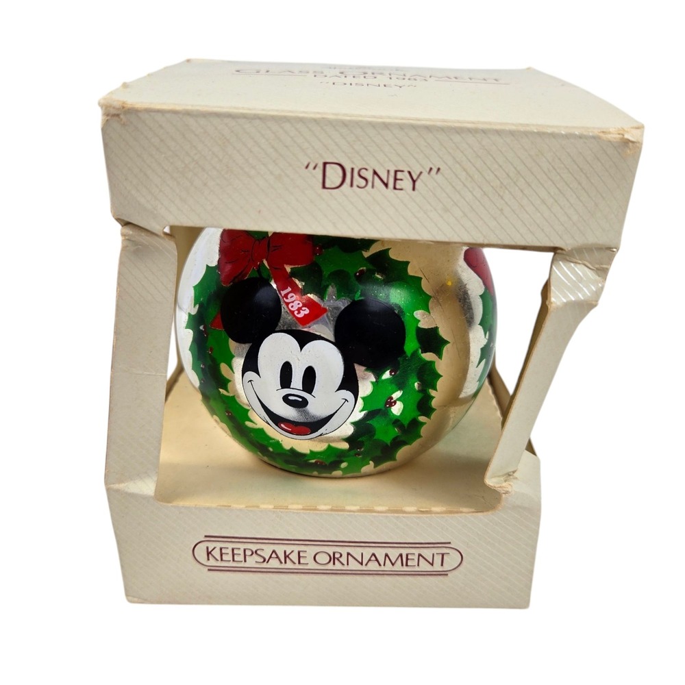 Vintage Disney Mickey Mouse Hallmark Keepsake Glass Ball Ornament 1983 in Box
